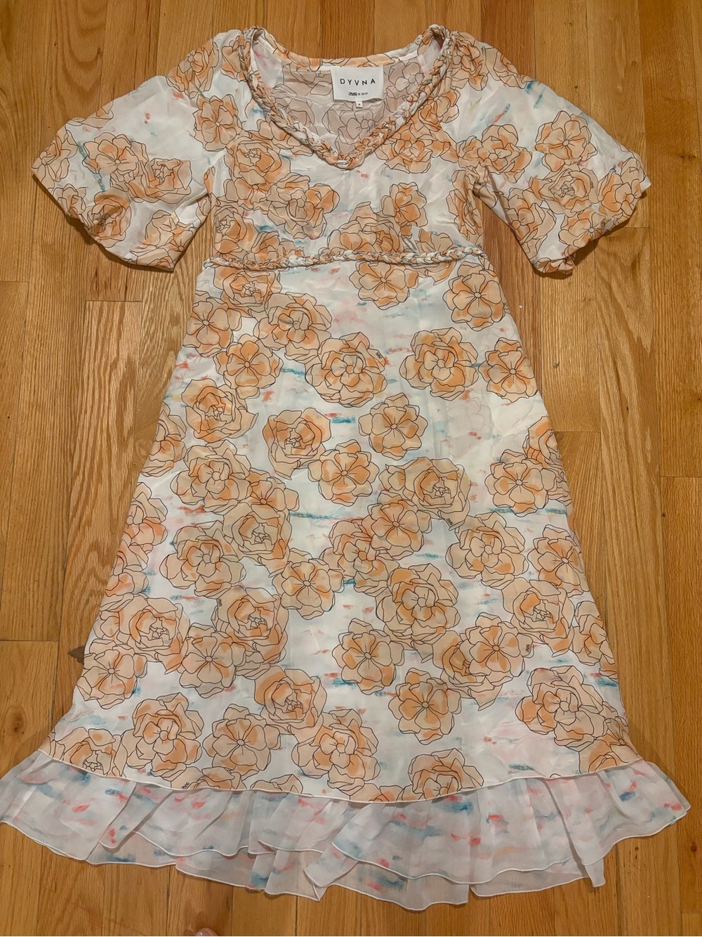 DYVNA Silk Peach Floral Puff Sleeve Dress